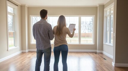 A couple reviewing their home inspection checklist during a walkthrough in a new, empty house, pointing out areas of interest or concern