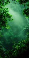Lush green foliage envelops a tranquil forest scene, with soft light filtering through the canopy, creating a serene atmosphere.