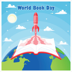 Globe, book, and rocket on blue sky background. The importance of knowledge for the future. World Book Day concept. Flat vector illustration.