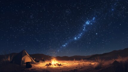 Fototapeta premium An anime-inspired illustration of a warm desert campsite at night, with constellations shining brightly overhead
