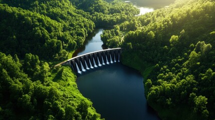 Fototapeta premium A stunning aerial view of a waterfall cascading into a serene river, surrounded by lush green forests under soft sunlight.