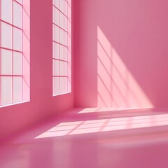 Fototapeta premium 07240954 287. Bright pink studio space with sunlight casting dynamic shadows across the floor and walls, perfect for showcasing cosmetics, beauty products, or fashion items in a summery, minimalist