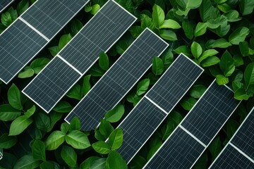 Fototapeta premium Aerial view of solar panels surrounded by lush green leaves, illustrating sustainable energy and eco-friendly technology.