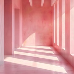 Obraz premium 07240954 289. Elegant pink studio with natural sunlight illuminating the room, casting artistic shadows that enhance the minimalist design, suitable for beauty, fashion, and cosmetic showrooms
