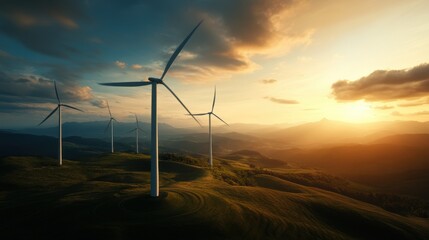 Obraz premium Breathtaking landscape featuring multiple wind turbines against a stunning sunset backdrop with rolling hills in the distance.
