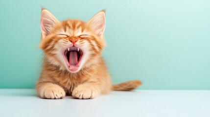 Adorable Orange Kitten Yawning on Turquoise Background