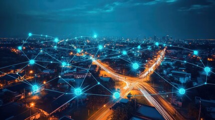 A digital visualization of a smart metering network, interconnected devices communicating data,