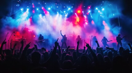 A dynamic shot of a full band giving an energetic music performance, colorful lights,