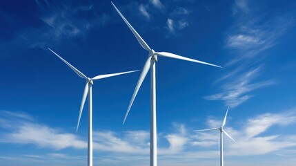 Fototapeta premium Three wind turbines stand tall against a clear blue sky, symbolizing renewable energy and sustainable development.