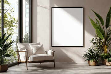 Poster Frame in Beige minimalist living room interior created with generative AI