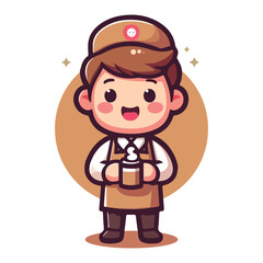 a barista wearing an apron and holding a cup of coffee