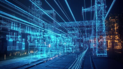A dynamic visualization of high voltage direct current (HVDC) flow, digital models displaying power transmission,