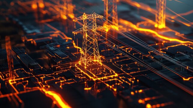 A dynamic visualization of high voltage direct current (HVDC) flow, digital models displaying power transmission,