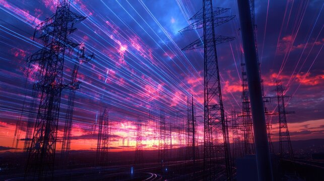 A dynamic visualization of high voltage direct current (HVDC) flow, digital models displaying power transmission,