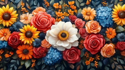 Fototapeta premium Bright and striking watercolor painting of a bouquet of peonies, sunflowers, roses, lilies, hydrangeas, salvias and marigolds. Each flower is precisely drawn with rich colors.