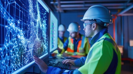 A group of engineers conducting grid stability analysis using advanced software tools,