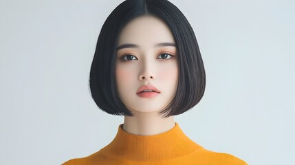 Elegant Asian Woman in Minimalist Studio Setting on White Background