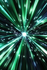 Abstract Design Featuring Light Beams in Black, Green, and Cyan Shooting from Center to Edges of Screen with Motion Blur Effect Suggesting Light Speed, Set Against a Futuristic Background