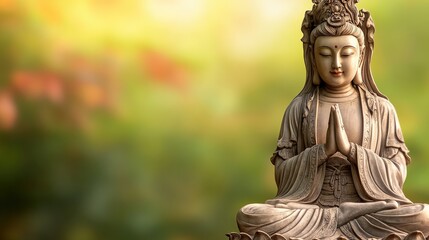 A statue of a Buddha is sitting meditation in a lush green field. The statue is serene and peaceful, and the surrounding greenery adds to the calming atmosphere. 