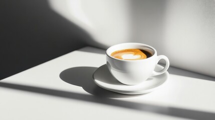 A minimalist photo of an espresso cup on a white table with a soft shadow, emphasizing simplicity