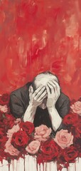 A somber figure hides their face in despair among vibrant roses, symbolizing the contrast between beauty and sorrow.