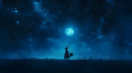 Obraz premium Enchanting Witch Silhouetted Against a Starry Night Sky