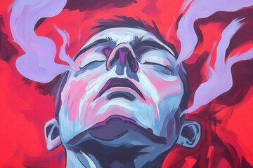 Fototapeta premium A vibrant illustration of a man with closed eyes, exhaling colorful smoke against a striking red background.