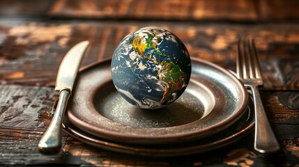 07240954 358. Close-up shot of a globe on a ceramic plate, flanked by a fork and knife, illustrating the global issue of food security, set against a softly lit background, with the plate's detailed