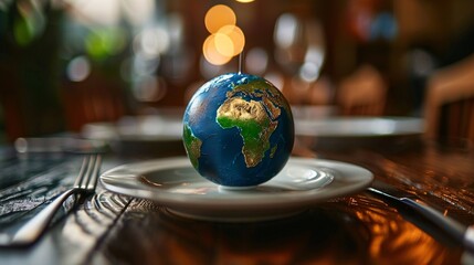 07240954 359. Vivid image of a miniature globe resting on a dinner plate, symbolizing the hunger and food security challenges of the planet, with cutlery arranged neatly on either side, set on a