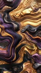 Abstract texture featuring vibrant swirls of gold, purple, and black, creating a dynamic and luxurious visual experience.