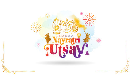 Happy Navratri Utsav, Durga Puja dandiya dance, fireworks and festive celebration background.