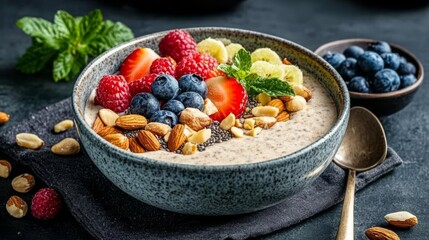 A vibrant bowl of healthy oatmeal topped with fresh fruit, nuts, and mint. Perfect for breakfast or a nutritious snack.