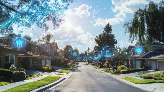 A residential neighborhood with smart metering technology installed, digital meters displaying data,