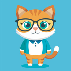 Cute Cartoon Cat Wearing Glasses and Suit  Adorable Animal Character Illustration