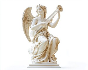 Obraz premium Elegant angel statue playing a harp, representing music and beauty in a serene, classical style.
