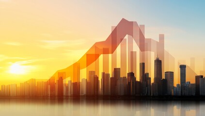 Obraz premium Stock Market Graph with Cityscape and Sunset – Abstract Double Exposure