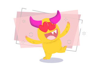Cheerful cartoon monster with hearts instead of eyes dancing. Love concept. Vector illustration can be used for topics like party invitation, Valentines day, romance