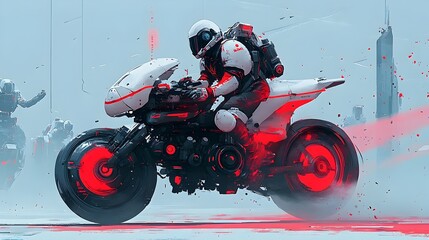 Obraz premium Futuristic Robot Riding Bike with Advanced Machinery in Digital Art Painting Style