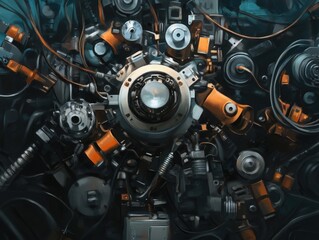 Futuristic machinery intricately designed, featuring metallic components and vibrant orange accents, showcasing advanced technology.