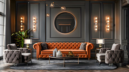 Modern interior design for home, office, interior details, upholstered furniture against the background of a dark classic wall