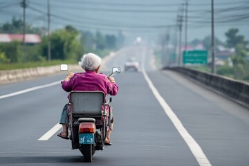 Obraz premium Elderly Thai Woman from Chiang Mai Riding an Electric Tricycle on a Large Highway Captured from Behind During Daytime, Emphasizing Journey and Independence on Expansive Road