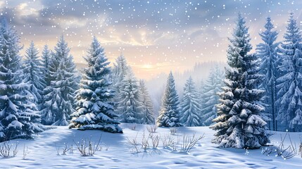 Naklejka premium 07240954 390. A wide-format Christmas background illustration of a serene snowy forest, the photorealistic details of the snow-covered Christmas trees and the peaceful winter landscape creating a