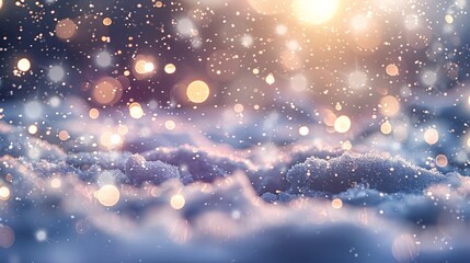 Naklejka premium 07240954 394. An abstract depiction of a snowy winter landscape with an overlay of sparkling Christmas lights, the blurred bokeh effect creating a captivating and festive background, the lights