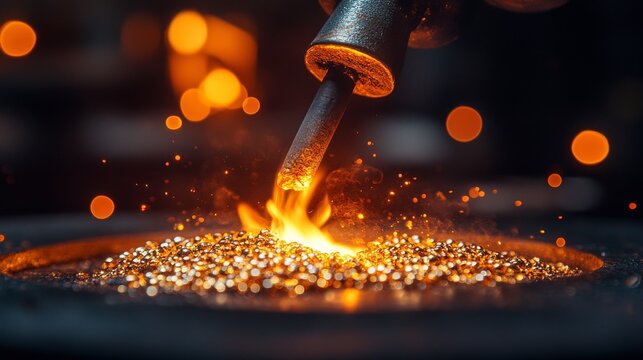 Goldsmiths use torches to melt small pieces of gold with intense flames and glowing metal in a controlled environment. The image highlights the precision and care taken in the gold refining process.