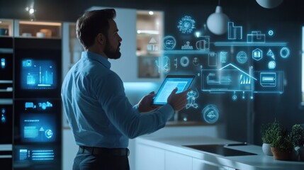 A smart home inspection scene with an inspector using advanced technology to assess smart devices, automation systems, and security features in a high-tech home