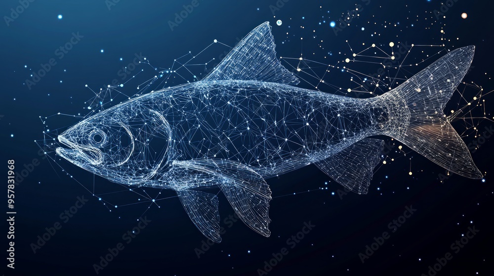 Wall mural abstract image of a fish in the form of a starry sky or space, consisting of points, lines, and shap