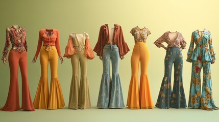 A spotlight on bell-bottom pants, styled with various tops and accessories to showcase their versatility in 70s fashion
