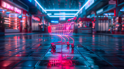 Shopping cart with neon colorful can be viewed in modern stores with copy space