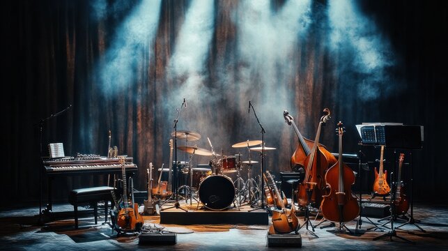 A symphony of musical instruments arranged artistically on a stage, spotlight focused,
