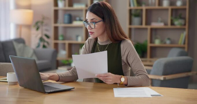 Business, woman and laptop with documents in home for typing creative brand proposal or digital marketing strategy. Remote work, entrepreneur and review for online website launch and project feedback